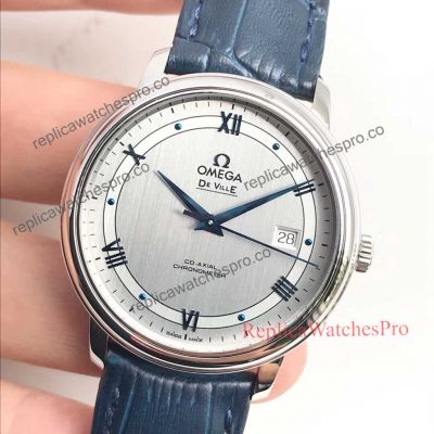 Top Grade Omega De Ville Stainless Steel Case Blue Leather Bracelet Copy Watch 